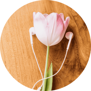 Eine Tulpe auf einem Holztisch mit Kopfhörern
